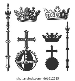 Heraldic symbols, monarch set. Vector illustration. Black and white vector objects.