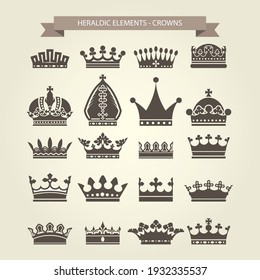 Heraldic symbols, royal crowns icon set, crown for coat of arms and blazons, vector