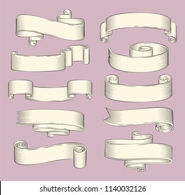 Heraldic symbols rubbed paper ribbons for gentilitial motto. Vector old style scrolls for special day event, invitation or letter decoration isolated.