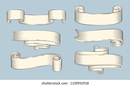 Heraldic symbols rubbed paper ribbons for gentilitial motto. Vector old style scrolls for special day event, invitation or letter decoration isolated.