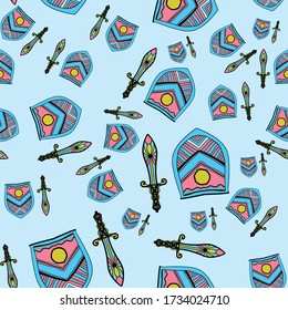 Heraldische Symbole. Das nahtlose Muster besteht aus stilisierten Schilden und europäischen Schwertern. Ein gutes Muster für die Kindertapete oder das Verpackungspapier. Die alte Aristokratie und Chivalry.