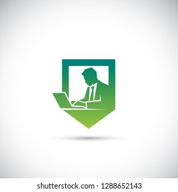 Heraldic symbols of shield and businessman with a tie - logo - protection at work - isolated vector illustration