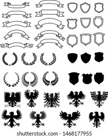 Heraldic symbols vector set. Heraldic elements ribbon, shields, laurel wreaths, eagles