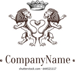 Heraldic symmetrical lions stand on their hind legs, above them a crown. For logo, emblem, ornament. Heraldic signs, elements, insignia on bright background. Full vector logo template.