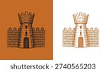 Heraldic tower with a gate of a castle for coat of arms design and shield. Hand drawn engraving in old traditional medieval style, modern made element for family symbols and logo templates