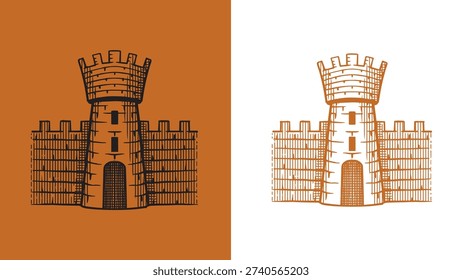 Heraldic tower with a gate of a castle for coat of arms design and shield. Hand drawn engraving in old traditional medieval style, modern made element for family symbols and logo templates