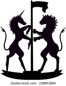 heraldic unicorn and lion holding a flag