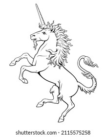 Heraldic Unicorn Salient. Ink Style. Vector clipart. Coloring page.