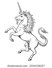 Heraldic Unicorn Salient. Ink style engraving vector clipart. All white parts available for coloring.