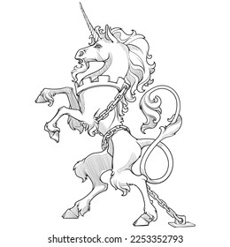 Heraldic unicorn walking on hind legs chained. Heraldic supporter a part of a Coat of Arms. line drawing isolated on white background. EPS10 vector illustration.