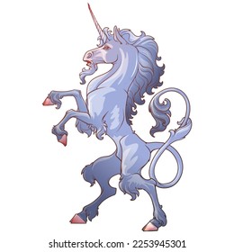 Heraldic unicorn walking on hind legs. Heraldic supporter a part of a Coat of Arms. line drawing collared and shaded isolated on white background. EPS10 vector illustration.