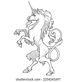 Heraldic unicorn walking on hind legs. Heraldic supporter a part of a Coat of Arms. line drawing isolated on white background. EPS10 vector illustration.