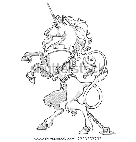 Heraldic unicorn walking on hind legs chained. Heraldic supporter a part of a Coat of Arms. line drawing isolated on white background. EPS10 vector illustration.