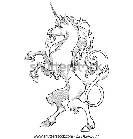 Heraldic unicorn walking on hind legs. Heraldic supporter a part of a Coat of Arms. line drawing isolated on white background. EPS10 vector illustration.