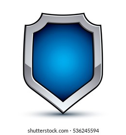 Heraldic vector blue emblem with silver outline, 3d conceptual defense geometric badge isolated on white background.

