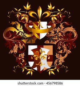 Heraldic vector design with shield, fleur delis ornament and crown. Golden color luxury style