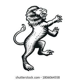 A heraldic vector lion illustration in engraving style, isolated on white background.