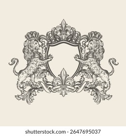 Brasão de luxo vetor heráldico de armas com leões, coroas e mão desenhada flor de lis ilustração em estilo vintage