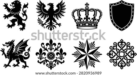 Heraldic vector set featuring royal lion eagle dragon crown shield fleur de lis star and celtic knot emblemsHeraldic vector set featuring royal lion eagle dragon crown shield fleur de lis star and celtic knot emblems
