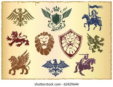 Heraldic vector set with lion, eagle and ornate