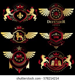 Heraldic vector signs decorated with vintage elements, monarch crowns, religious crosses, armory and animals. Set of classy symbolic graphic insignias with bird wings.