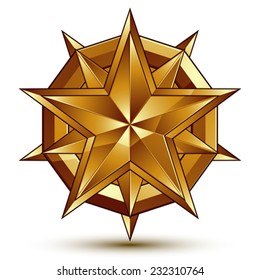 Heraldic vector template with complicated golden star, dimensional royal geometric medallion isolated on white background.