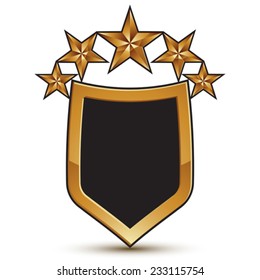 Heraldic vector template with five glossy golden stars, dimensional royal geometric shield shaped medallion isolated on white background. Festive holiday emblem.