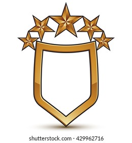 Heraldic vector template with five glossy golden stars, dimensional royal geometric shield shaped medallion isolated on white background. Festive holiday emblem.