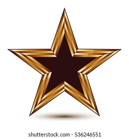 Heraldic vector template with five-pointed black star with golden outline, dimensional royal geometric pentagonal medallion isolated on white background.