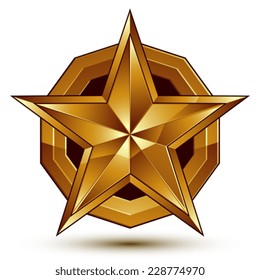 Heraldic vector template with five-pointed golden star, dimensional royal geometric medallion isolated on white background.