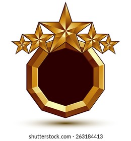 Heraldic vector template with five-pointed golden stars, dimensional royal geometric medallion isolated on white background.