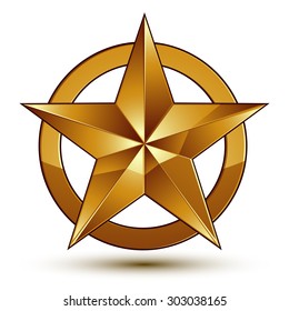 Heraldic vector template with five-pointed golden star, dimensional royal geometric medallion isolated on white background.
