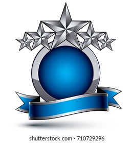 Heraldic vector template with five-pointed silver stars, dimensional royal geometric medallion with blue stylish undulate ribbon isolated on white background.