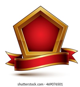 Heraldic vector template with golden outline, 3d royal conceptual escutcheon with decorative curvy ribbon. Eps8 aristocratic blazon with red filling isolated on white background.