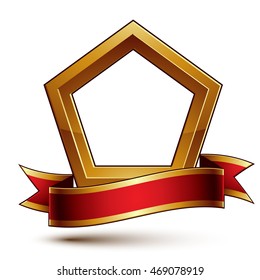 Heraldic vector template with golden outline, 3d royal conceptual escutcheon with red decorative wavy ribbon. Eps8 aristocratic blazon isolated on white background.