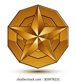 Plantilla vectorial heráldica con estrella dorada, medallón geométrico dimensional real aislado sobre fondo blanco.