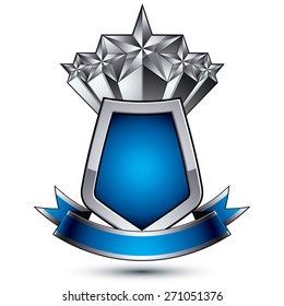 Heraldic vector template with pentagonal silver stars placed over gray protection shield and decorated with blue wavy stripe, silver 3d royal geometric blazon isolated on white background.