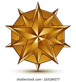 Heraldic vector template with polygonal golden star, dimensional royal geometric medallion isolated on white background.