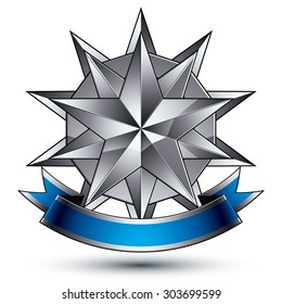 Heraldic vector template with polygonal silver star, dimensional royal geometric medallion with blue stylish undulate ribbon isolated on white background.