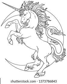  Heraldic vector unicorn with moon. Black and white line illustration for coloring book. 