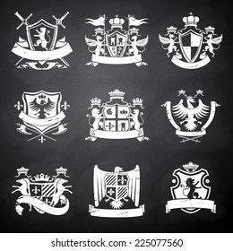 Heraldic victorian knight decorative emblems chalkboard set with flags lions and horses isolated vector illustration