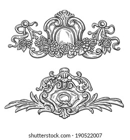 Heraldic vintage decorative element.  Isolated object on white background. Retro engraving frame. Hand drawing vintage element. Architectural drawing.