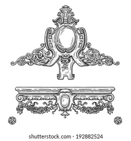 Heraldic vintage decorative element. Isolated object on white background. Retro engraving frame. Hand drawing vintage element. Architectural drawing.