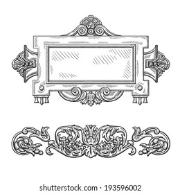 Heraldic vintage decorative element. Isolated object on white background. Retro engraving frame. Hand drawing vintage element. Architectural drawing. Vector fairy tale page.