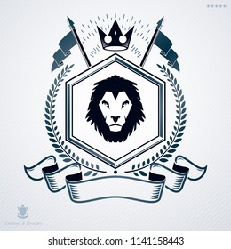 Heraldic vintage vector design element. Retro style label created using laurel leaf and lion head.