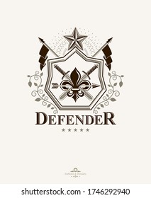 Elemento de diseño vectorial vintage herálico. Etiqueta de estilo retro creada con diferentes armas como espadas y lanzas y estrella pentagonal