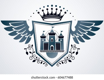 Heraldic vintage vector design element. Retro style label created using medieval fortress and monarch crown