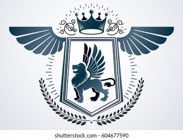 Heraldic vintage vector design element. Retro style label created using lion with wings and monarch crown