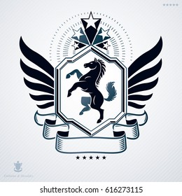 Heraldic vintage vector design element. Retro style label created using horse and pentagonal stars
