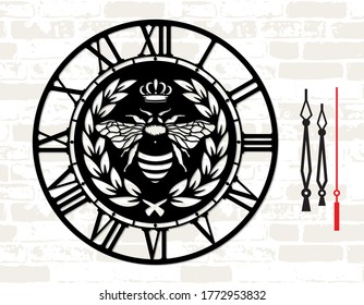 Heraldic wall clock template. Simple clock face with numerals and arrow. Vector watch. Silhouette dial. Digital cut vector with queen bee. Home decor. Laser metal or wood cutting. Cnc plasma cutter.